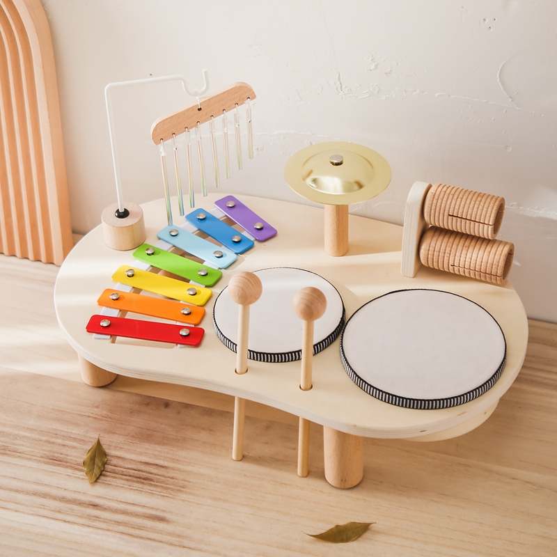 Xylophone กลองชุด Montessori เด็กเครื่องดนตรีของเล่น All in 1 ไม้กระทบ Xylophone เด็กวัยหัดเดินกลอง