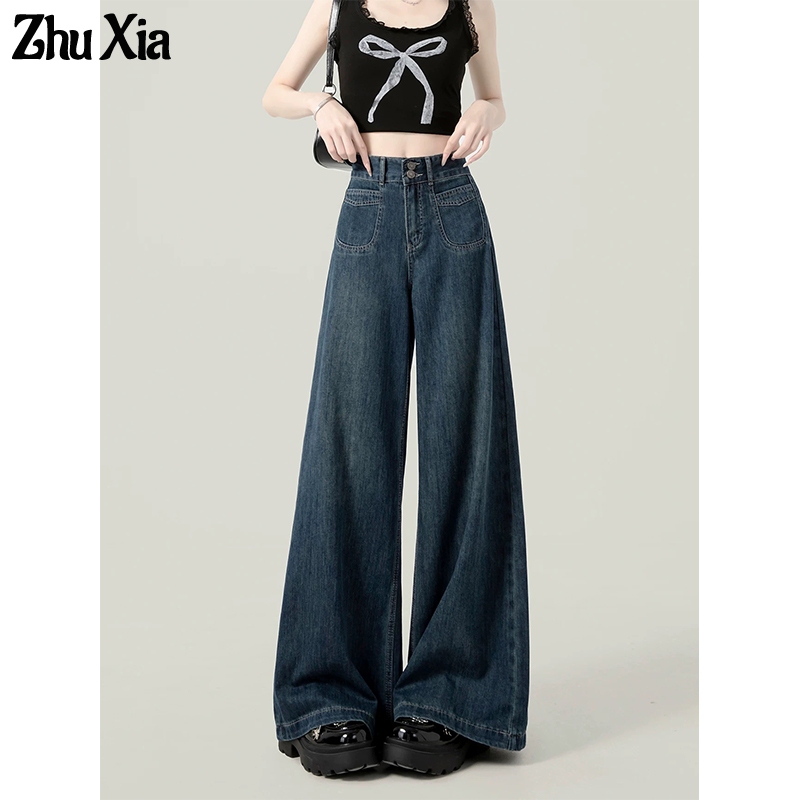 Zhu Xia กางเกงยีนส์ผู้หญิง Retro เอวสูงหลวมขากว้างกระชับสัดส่วน Drooping Straight Mop กางเกง