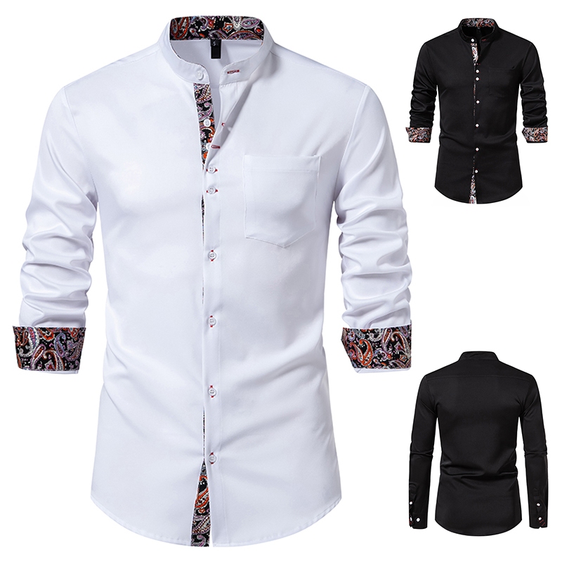 เสื้อเชิ้ตลายดอกไม้บล็อกสีสําหรับผู้ชายพร้อมคอตั้งเสื้อเชิ้ตกระดุมลําลองแขนยาว