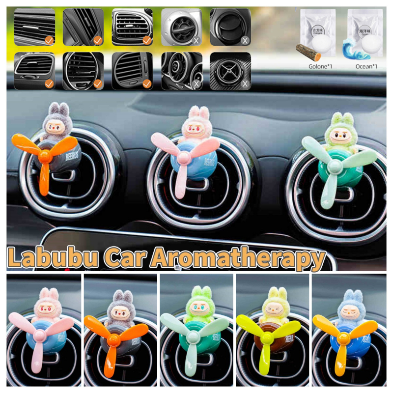 Labubu รถ Air Freshener Labubu ตุ๊กตาความปลอดภัยที่นั่งรถน้ํามันหอมระเหย Air Outlet ใบพัดน้ําหอมเครื่องปรุง Diffuser อุปกรณ์ตกแต่งรถตุ๊กตาอุปกรณ์เสริม