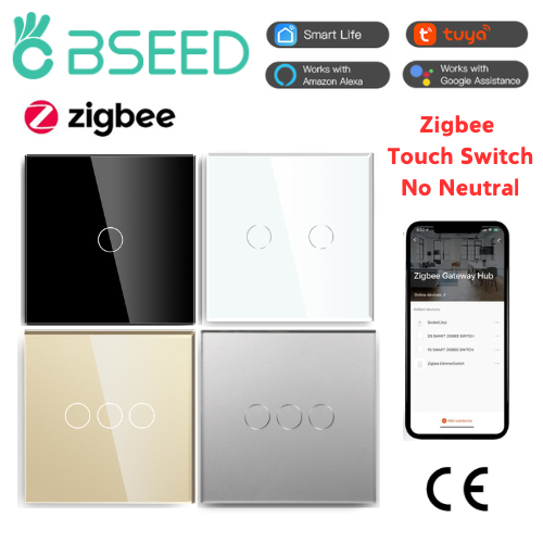 Bseed 1/2/3 Gang 1/2 Way Zigbee Touch Switches 1000W ไร้สายควบคุมสมาร์ทสวิทช์ Wifi สวิทช์ผนัง Tuya Google Alexa ไม่มี Neutral