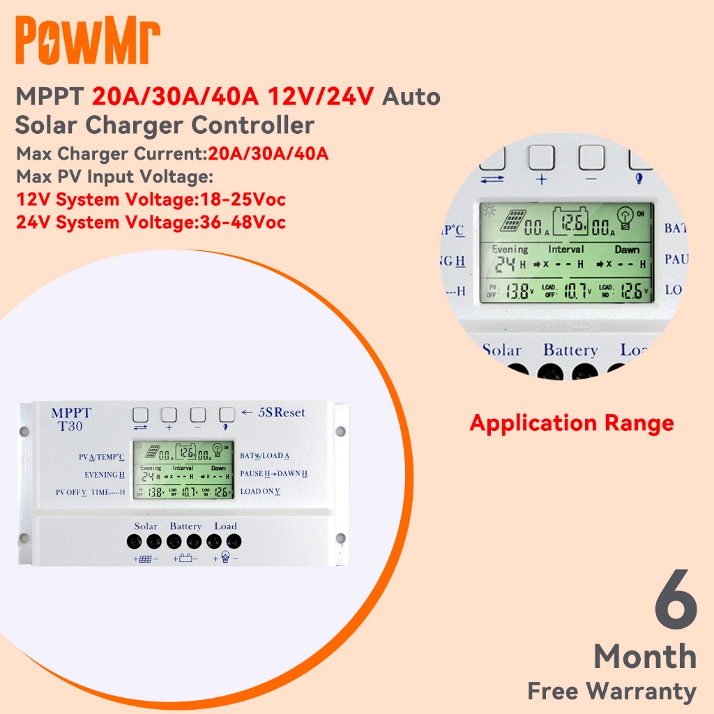Powmr MPPT 10 20 30 40A Solar Charge Discharge Controller Regulator USB LCD 12V 24V ชาร์จ Dual Timer Control สําหรับระบบแสงพลังงานแสงอาทิตย์