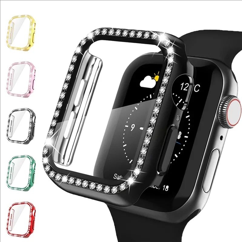 Bling กรณีเพชร กันชนกับหน้าจอฟิล์มแก้วนิรภัยสำหรับ iWatch Series 11/10/9/8/7/6/5/4/3 / SE / Ultra 2 46mm 45mm 41mm 49mm 44mm 40mm 42mm 38mm