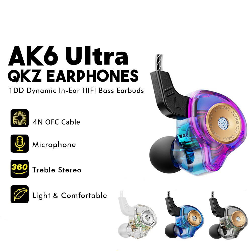 Qkz AK6-Ultra หูฟังชนิดใส่ในหูแบบไดนามิกโทรศัพท์มือถือหูฟังเพลงควบคุมแบบมีสายพร้อมไมโครโฟน