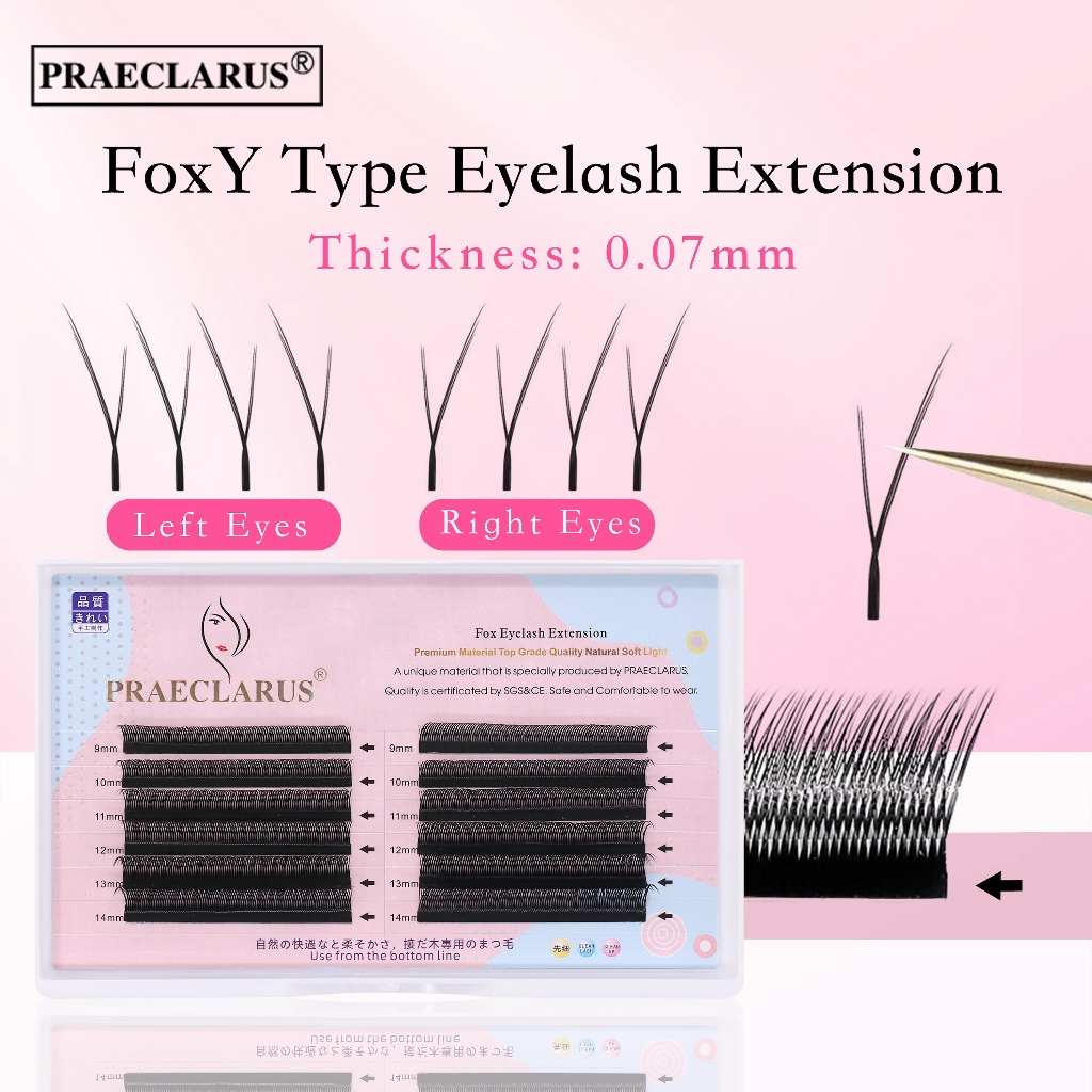 Praeclarus Fox Series เฉียง Flying Y ประเภทขนตาความหนา 0.07 มม.วัสดุพรีเมี่ยมทอมือธรรมชาตินุ่มปุยแนวทแยงบิน Y รูปร่างขนตา