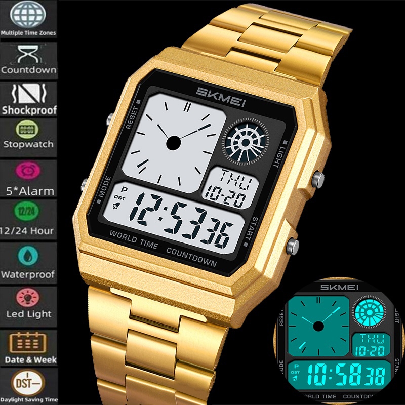 Skmei Electronics นาฬิกาสปอร์ตสําหรับผู้ชายคลาสสิกจอแสดงผลดิจิตอลอะนาล็อกหลายเวลาโซนนาฬิกา LED ชาย 5 นาฬิกาปลุก