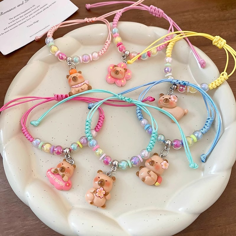 เกาหลีแฟชั่นที่มีสีสันทอผ้าดอกไม้หมีสร้อยข้อมือลูกปัดหญิง อิน น่ารักการ์ตูนเพื่อนที่ดีของขวัญ