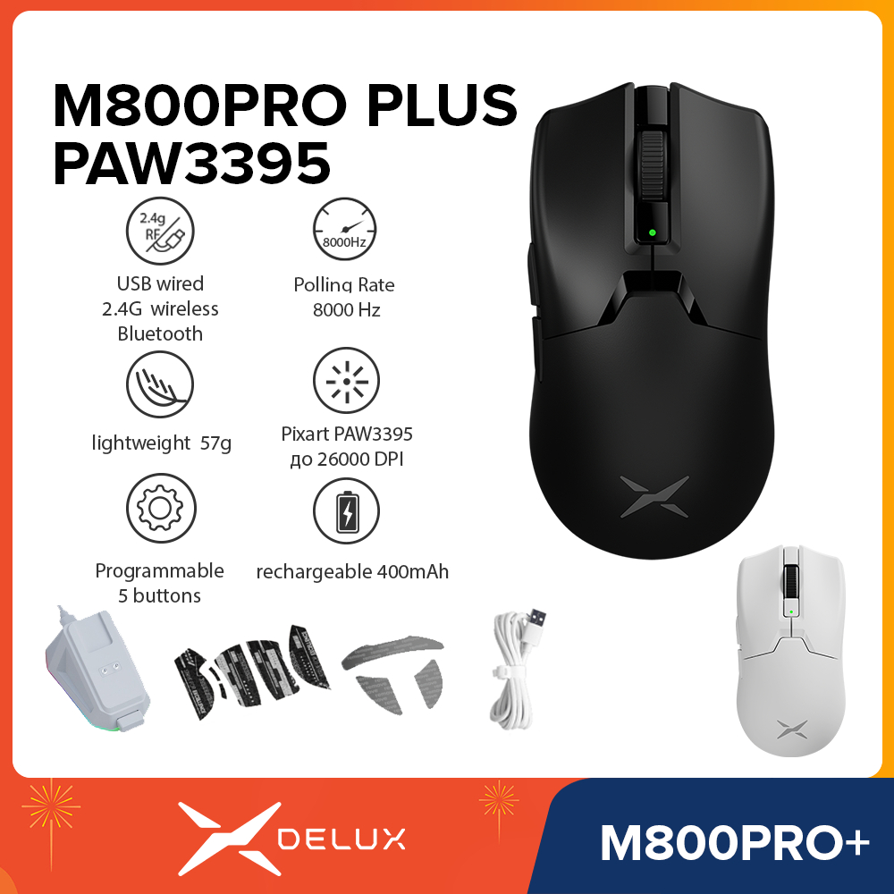 Delux M800PRO PLUS PAW3395 8000Hz ชาร์จ 400mAh สูงสุด 26000 DPI น้ําหนักเบา 57g ปุ่มตั้งโปรแกรมได้ไร