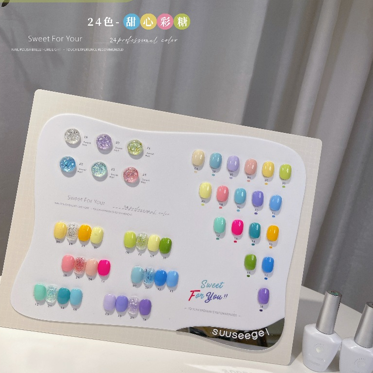 พร้อมส่ง สีพาสเทลแบรนด์  Suuseegel 24สี  มีสีกริตเตอร์ด้วยในเซ็ท6สี+Macaron18สี+แถมชาทสีฟร