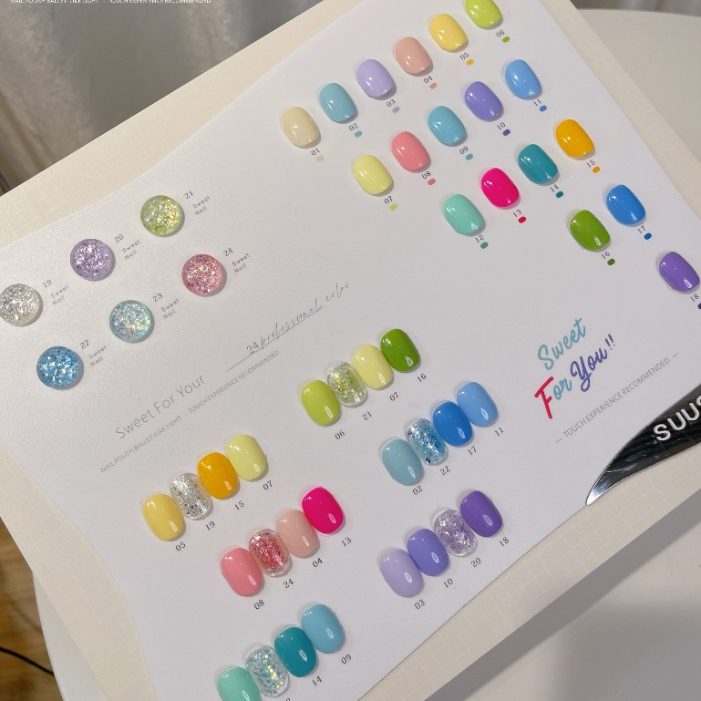 พร้อมส่ง สีพาสเทลแบรนด์  Suuseegel 24สี  มีสีกริตเตอร์ด้วยในเซ็ท6สี+Macaron18สี+แถมชาทสีฟร