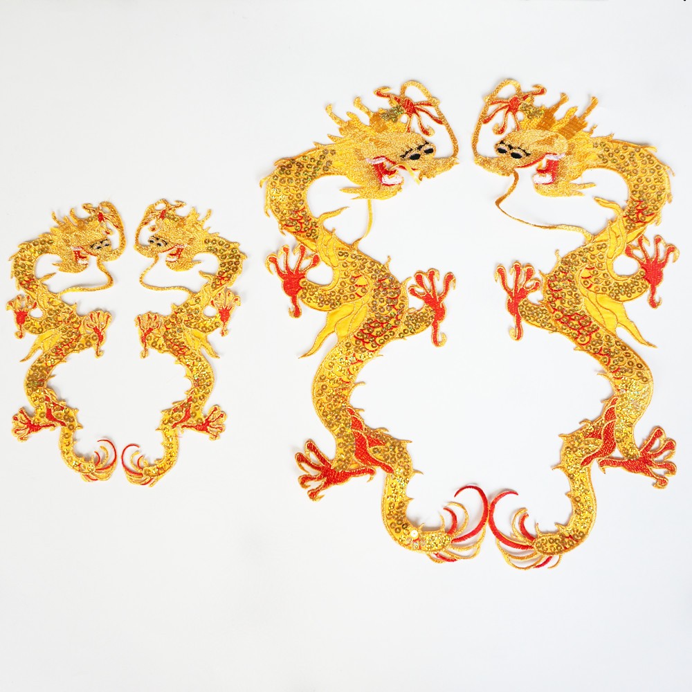 2pcs Gold เลื่อมเย็บปักถักร้อยมังกรจีนเย็บเหล็กบน Patch Badge Cheongsam Applique Collar Party Gownชุดเสื้อผ้า DIY หัตถกรรม
