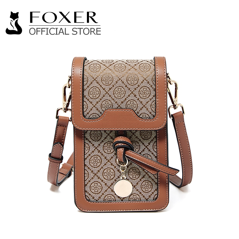 FOXER กระเป๋าสะพายขา้ง สไตล์วินเทจ ลายพิมพ์ เหมาะสำหรับใช้ในชีวิตประจำวัน สีตาล