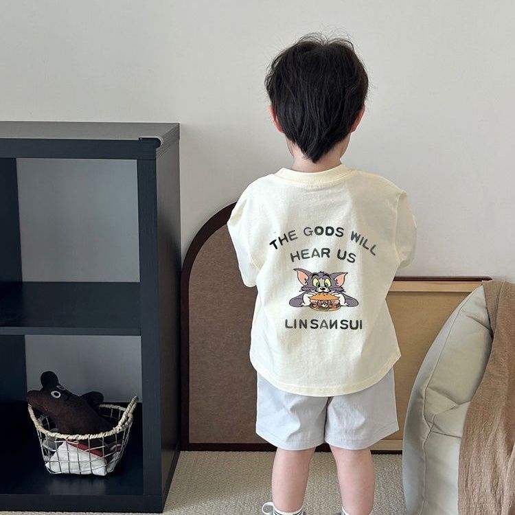 เด็กชายสไตล์ใหม่ฤดูร้อนแขนสั้นเสื้อยืดเด็กพิมพ์สาวการ์ตูนเสื้อเด็กผ้าฝ้ายแท้หลวมครึ่ง @