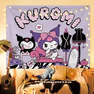 Sanrio KUROMI Healing พื้นหลังผ้า Tapestry น่ารักสาวหัวใจตกแต่งผนังผนังผ้าห้อง KUROMI