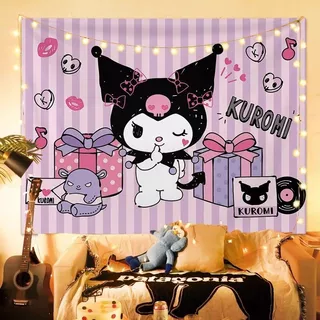 Sanrio KUROMI Healing พื้นหลังผ้า Tapestry น่ารักสาวหัวใจตกแต่งผนังผนังผ้าห้อง KUROMI