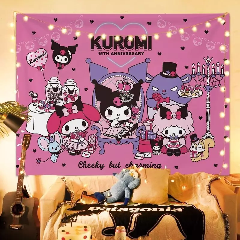 Sanrio KUROMI Healing พื้นหลังผ้า Tapestry น่ารักสาวหัวใจตกแต่งผนังผนังผ้าห้อง KUROMI
