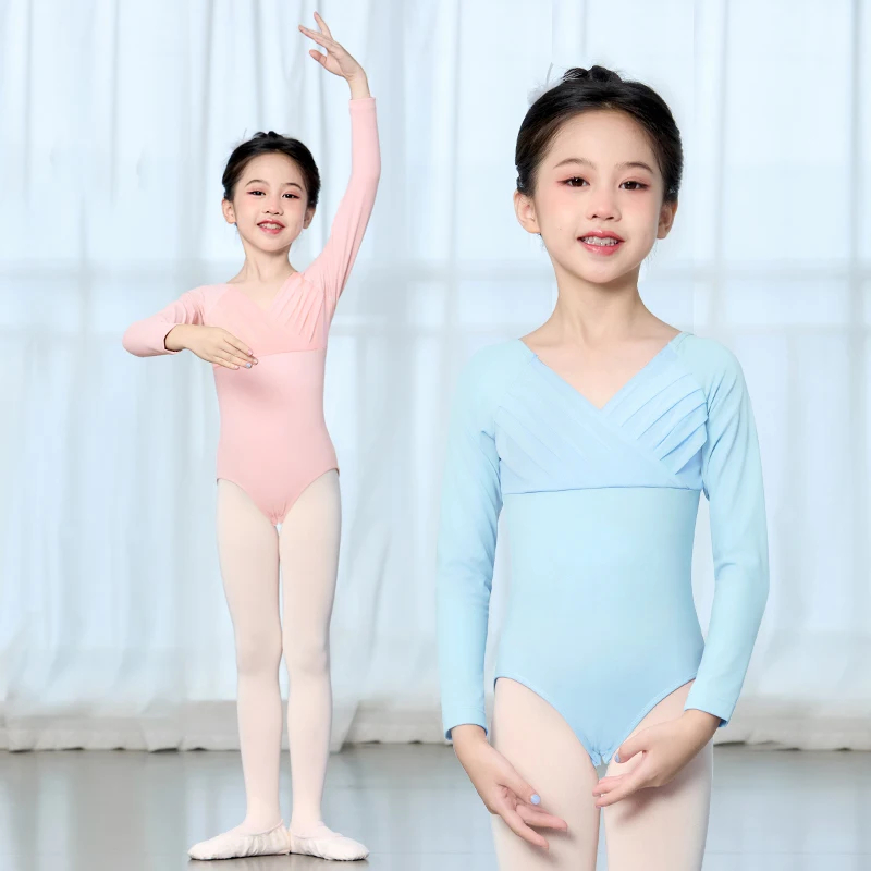 เด็กผู้หญิงบัลเล่ต์ Leotards จีบ V คอเต้นรํา Leotards แขนยาววัยรุ่น Gymnastic บอดี้สูท
