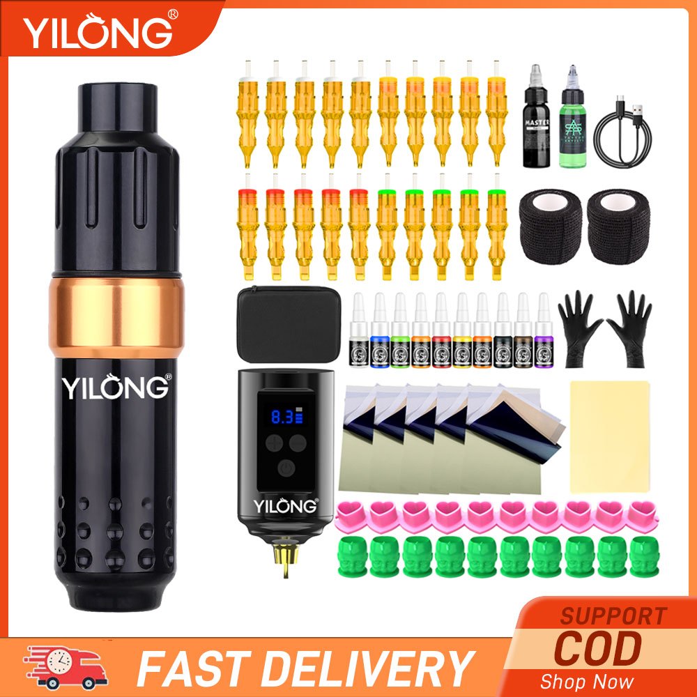 Yilong ตลับปากกาสักไร้สายชุดเครื่องสักเริ่มต้น Spin Model Complete Tattoo Kit อุปกรณ์สัก 1200 mAh