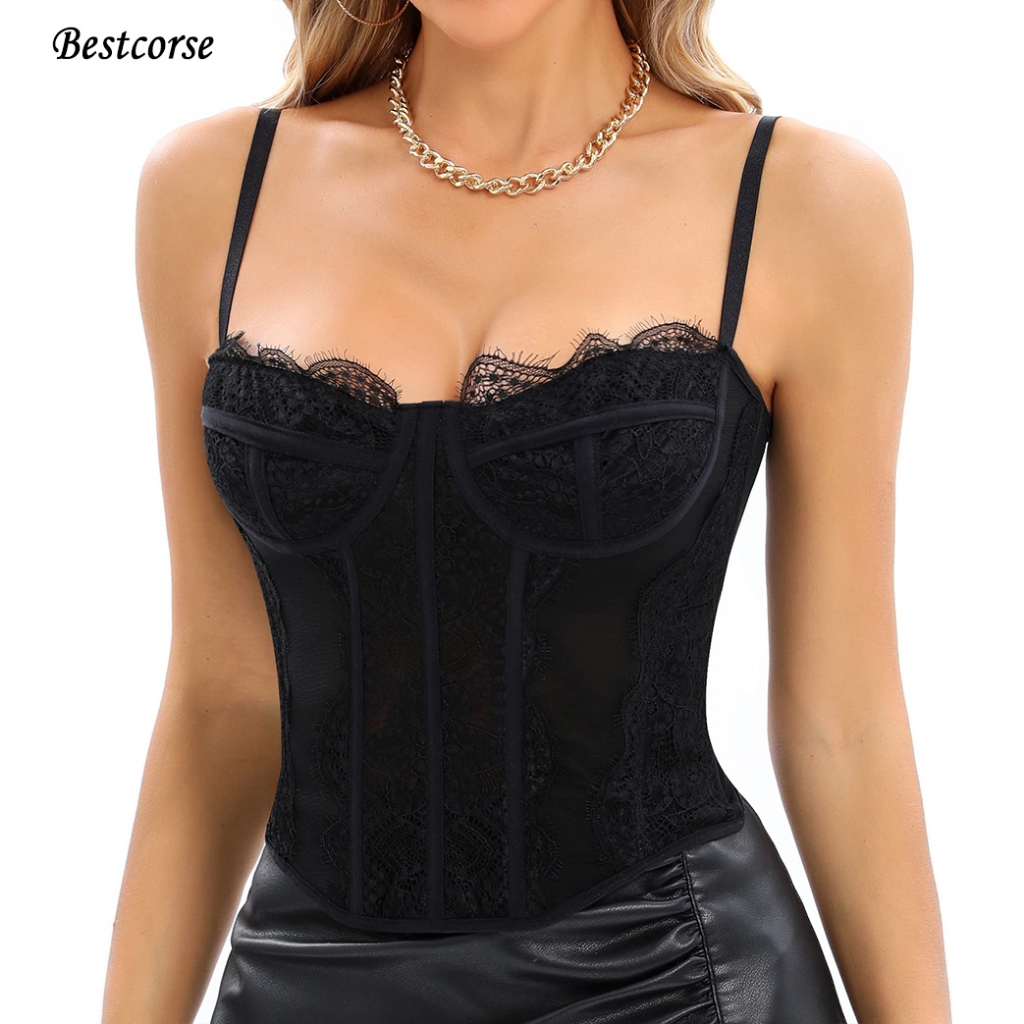 Bestcorse XS 2XL เสื้อบัสเตียร์ corset ลูกไม้ ตาข่ายเซ็กซี่สีขาว-ดำ สำหรับสาวพลัสไซส์ xsara คอร์เซ็ทโอเวอร์บัสต์ ใส่ออกงานปาร์ตี้ คริสต์มาส เทศกาล และลำลอง ใส่เป็นเสื้อด้านนอกได้ หรือใส่เป็นเสื้อกล้ามคามิโซล ระบายอากาศได้ดี คอร์เซ็ทลูกไม้ Bustier