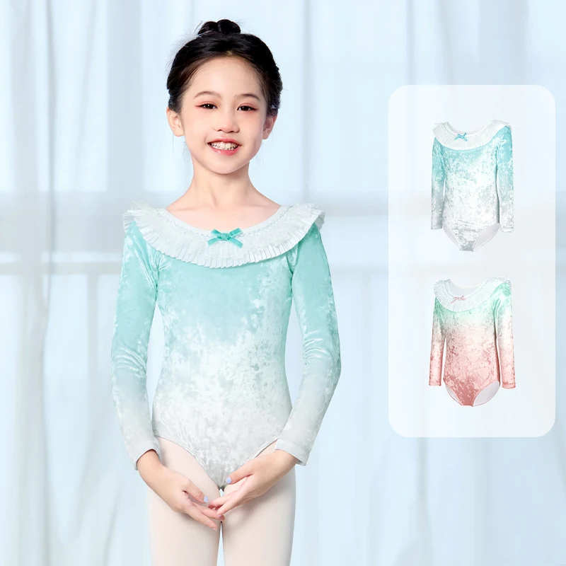 เด็กสาวบัลเล่ต์ Leotards Gradient สีกํามะหยี่ Ruffled Collar Dance บอดี้สูทแขนยาวยิมนาสติก Leotards บัลเล่ต์เครื่องแต่งกาย