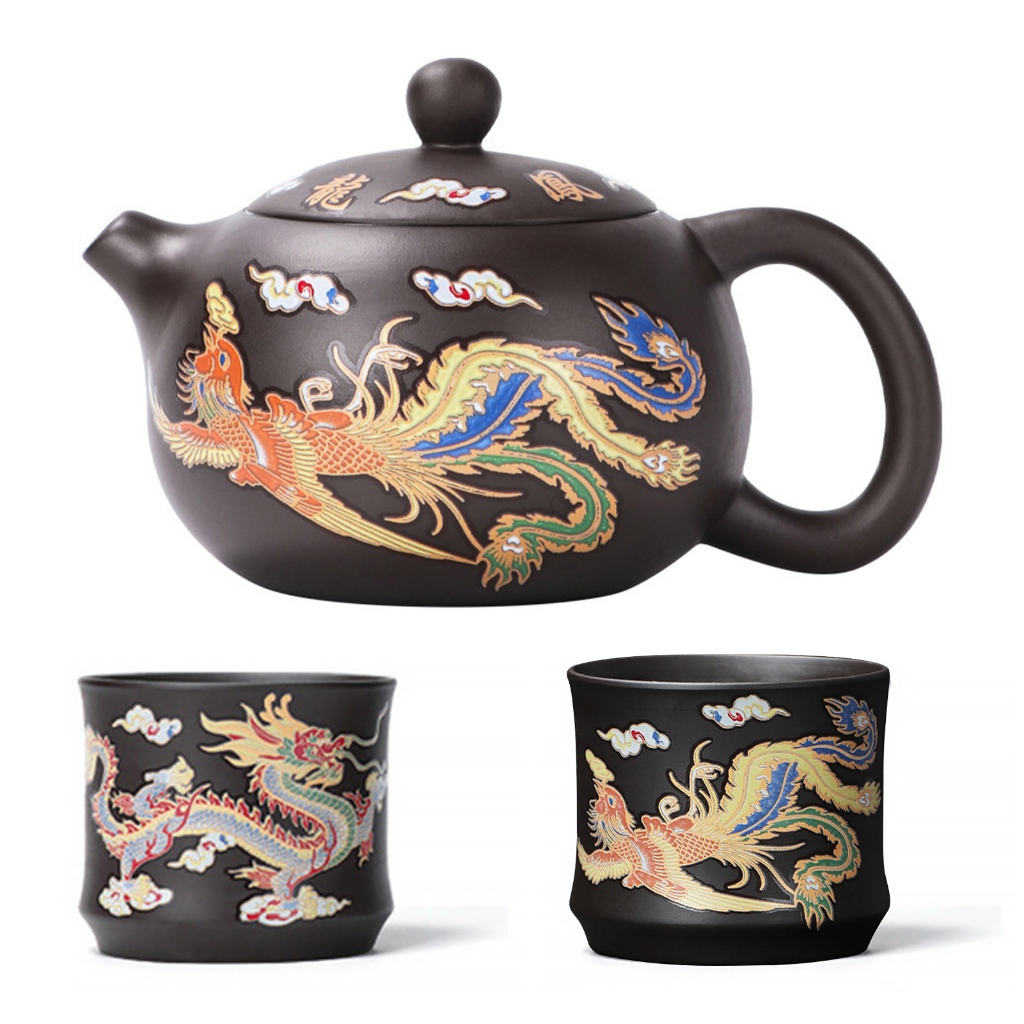 Hand-made Dragons Phoenixs กาน้ําชาดินสีม่วงเปลี่ยนสีทําความสะอาดง่าย Gongfu กาน้ําชาของขวัญวันพ่อ