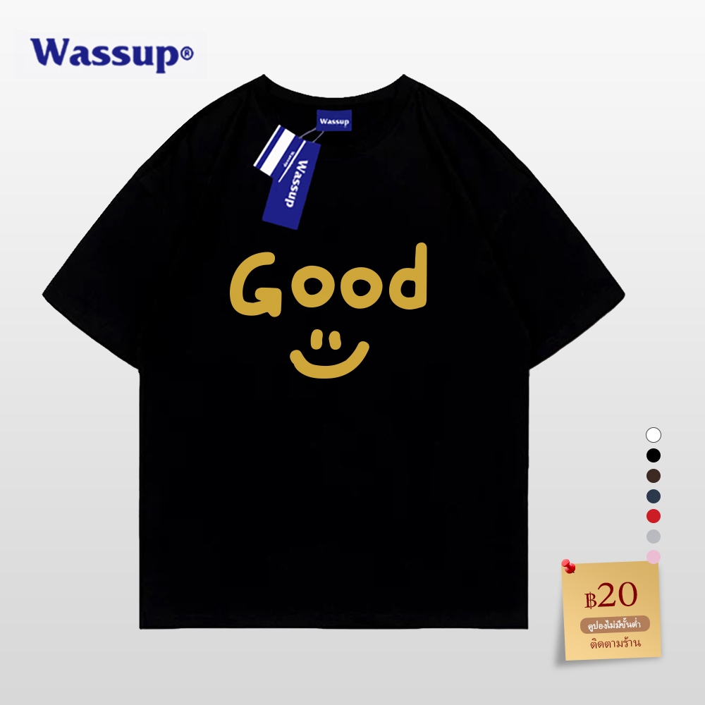สินค้าใหม่ wassup เสื้อยืดผู้ชายลายยิ้มผ้าฝ้าย 100%, คอกลมแขนสั้น S-4XL