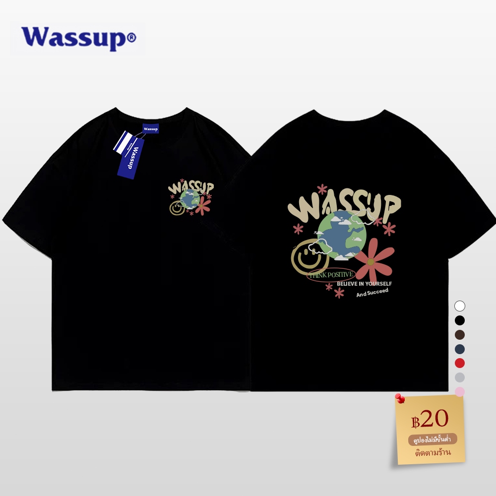 สินค้าใหม่✨wassup เสื้อยืดผู้ชายสไตล์กราฟฟิตี้สตาร์บอย, คอกลมแขนสั้นผ้าฝ้าย 100%