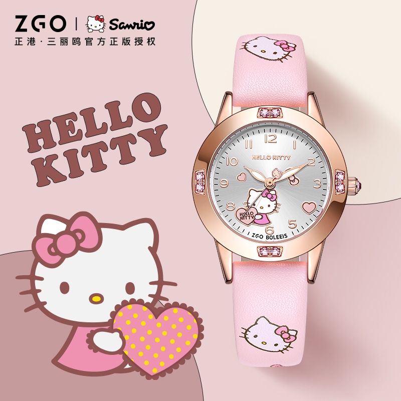 Zgo x Sanrio HelloKitty นาฬิกาสําหรับเด็กผู้หญิง Rose Rhinestone กันน้ํานาฬิกาสปอร์ตเรืองแสง 3271