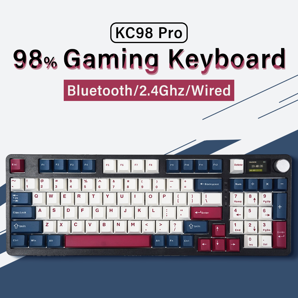 Mathew Tech KC98 Pro Mechanical Keyboard สมาร์ทจอแสดงผล Screen & Knob, 98% 3 โหมดคีย์บอร์ดไร้สาย, รอ