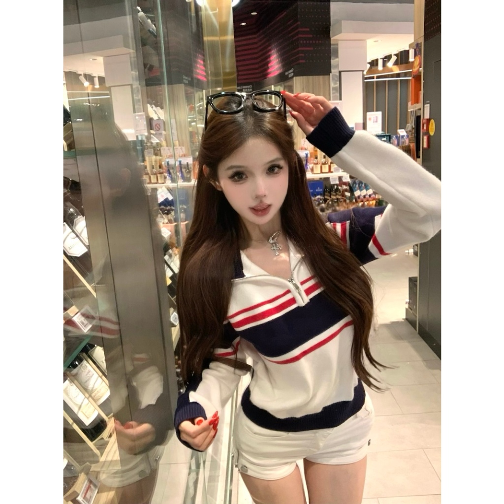 【BANKO】ผู้หญิงอเมริกันฤดูใบไม้ร่วงหลวมย้อนยุคลายแขนยาวถักเสื้อกันหนาว