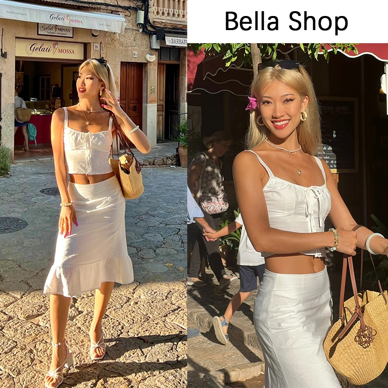 Bella Shop สลิงสีขาวฝรั่งเศสด้านบนผู้หญิงฤดูร้อนกระโปรงหางปลากระโปรงสูทสองชิ้น