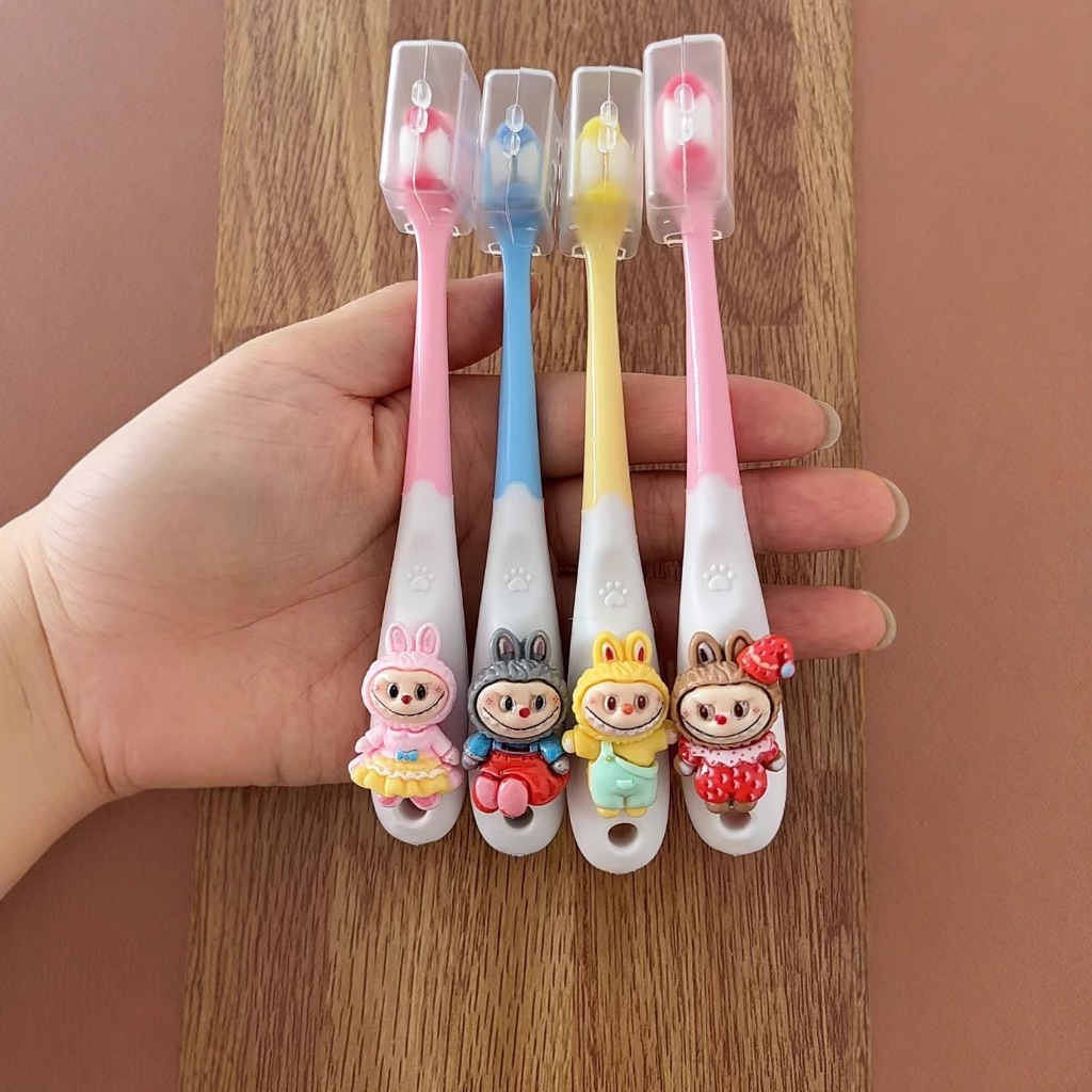 การ์ตูนลาบูแปรงสีฟันขนนุ่มสําหรับเด็ก 3-6-12 ปีต้านเชื้อแบคทีเรียเหงือกปกป้องแปรงสีฟันเด็กผู้หญิงเด็ก