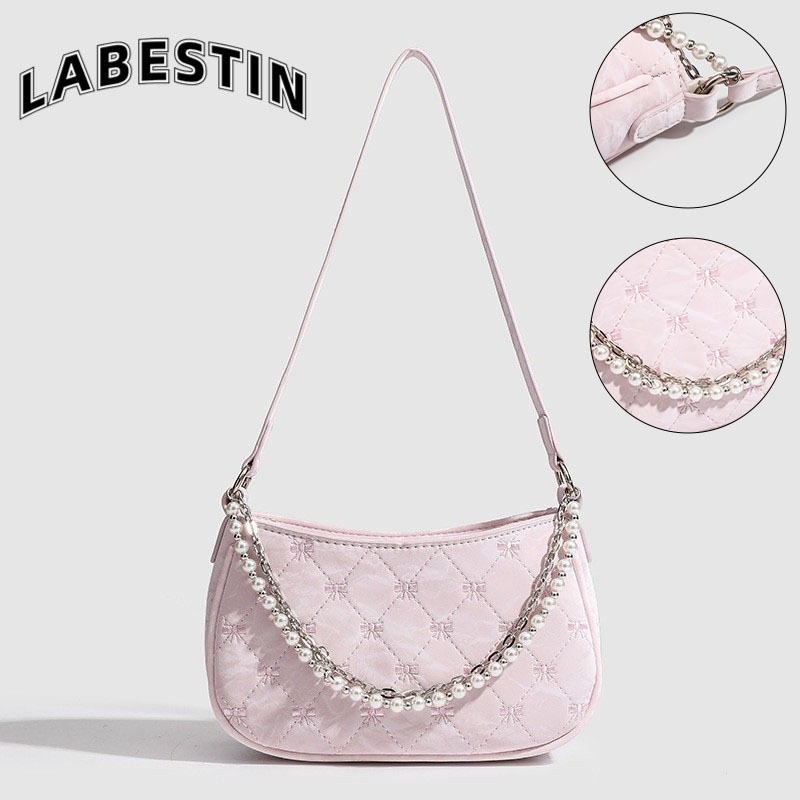 LABESTINสุภาพสตรีเดินทางเพิร์ลโลหะสองโซ่เพชรไหล่รักแร้กระเป๋าสะพาย