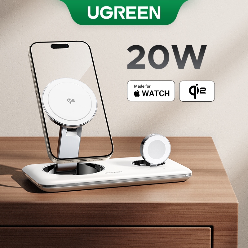 Ugreen สถานีชาร์จไร้สาย 2-in-1 Qi2 20W Qi2 MPP ได้รับการรับรองแม่เหล็ก 15W สําหรับ iphone 5W สําหรับ