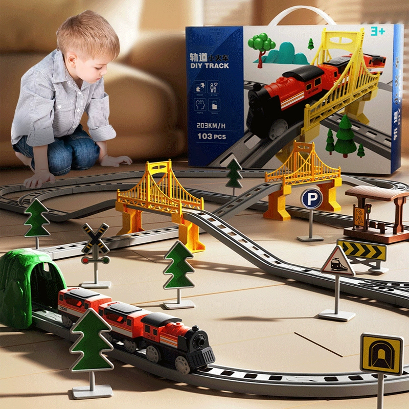 ขนาดใหญ่ รถไฟของเล่นไฟฟ้า พร้อมราง ใส่ถ่านได้ เสริมสร้างสมาธิและจินตนาการ สำหรับเด็กผู้ชาย พัฒนาทักษะการคิดสร้างสรรค์