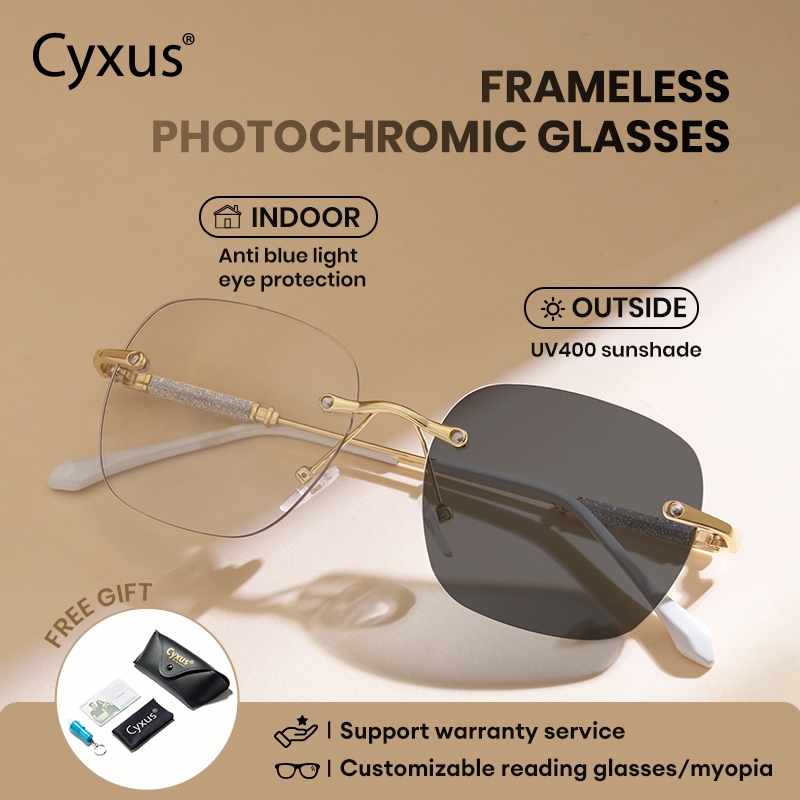 Cyxus Photochromic Frameless กรอบแคบแว่นตาแฟชั่นแว่นตาคอมพิวเตอร์ผู้หญิงหรือบุรุษแว่นตา Retro Uv400 น้ําหนักเบาแฟชั่นป้องกัน Anti-Slip 8220