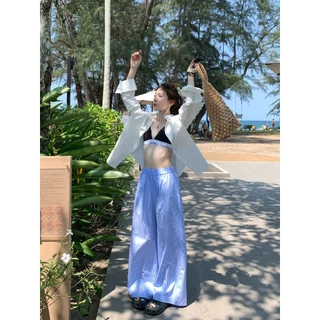 💙ส่งไวจากไทย💛กางเกงลายทาง กางเกงลำลอง กางเกงขายาว เอวยืดเยอะ เเมทช์ง่าย ผ้าเย็นสบาย สไตล์เกาหลี