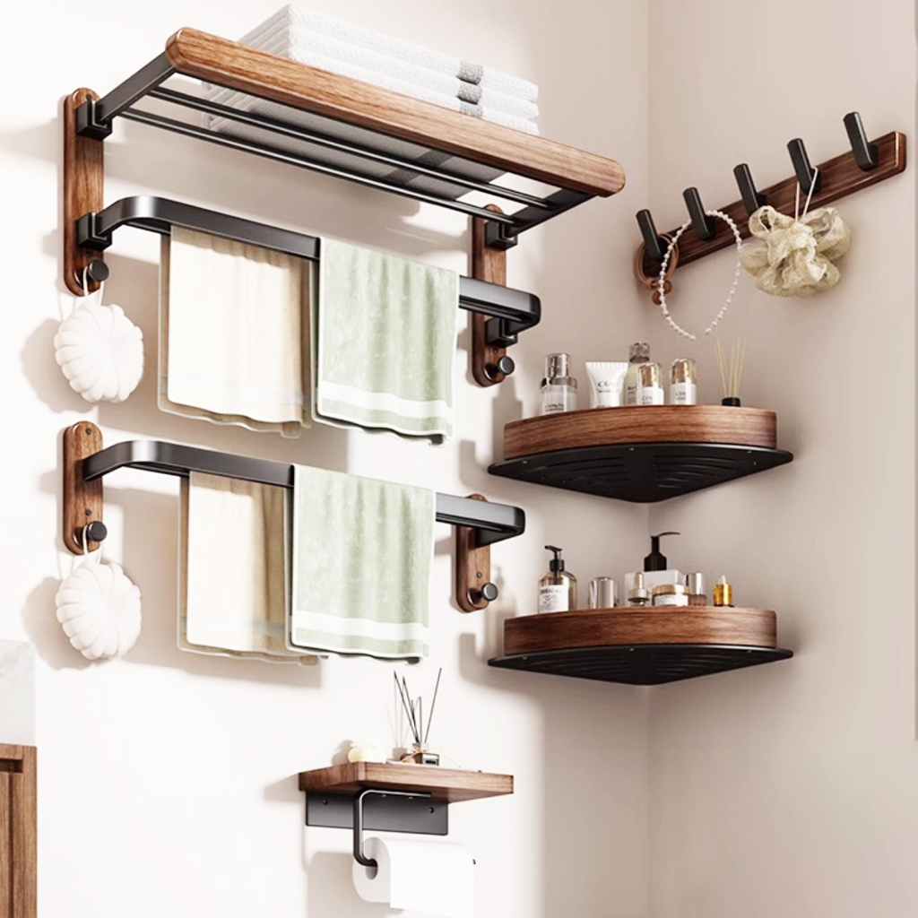 LooToo ชั้นวางผ้าขนหนูวอลนัท เจาะฟรี ห้องน้ำผ้าขนหนูบาร์ เสาคู่ ห้องน้ำแขวนบาร์ชั้นวางผ้าขนหนู