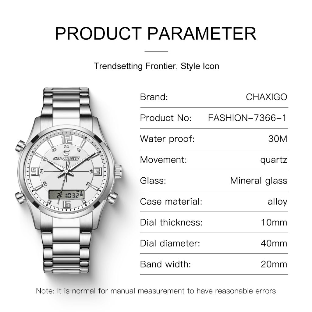 Chaxigo แฟชั่น Casual นาฬิกาผู้ชายดิจิตอล Dual Time สัปดาห์ทองกลับกีฬา 3bar กันน้ํานาฬิกาข้อมือควอตซ์นาฬิกา Relogio Masculin ของขวัญ 7366-1