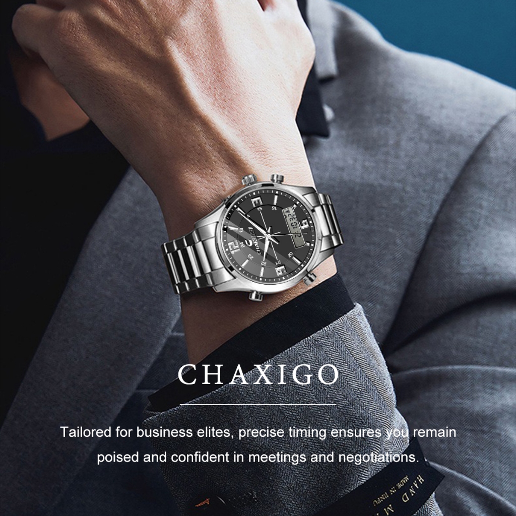 Chaxigo แฟชั่น Casual นาฬิกาผู้ชายดิจิตอล Dual Time สัปดาห์ทองกลับกีฬา 3bar กันน้ํานาฬิกาข้อมือควอตซ์นาฬิกา Relogio Masculin ของขวัญ 7366-1