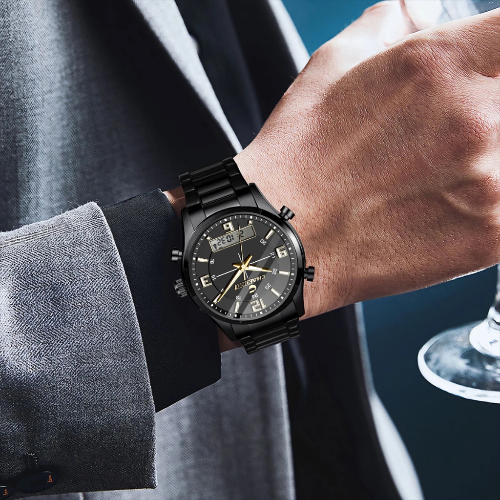 Chaxigo แฟชั่น Casual นาฬิกาผู้ชายดิจิตอล Dual Time สัปดาห์ทองกลับกีฬา 3bar กันน้ํานาฬิกาข้อมือควอตซ์นาฬิกา Relogio Masculin ของขวัญ 7366-1