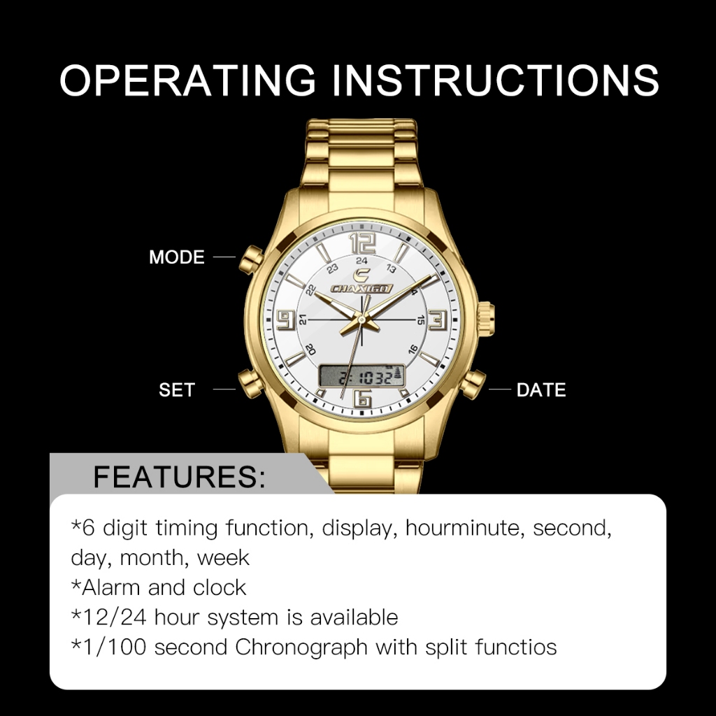 Chaxigo แฟชั่น Casual นาฬิกาผู้ชายดิจิตอล Dual Time สัปดาห์ทองกลับกีฬา 3bar กันน้ํานาฬิกาข้อมือควอตซ์นาฬิกา Relogio Masculin ของขวัญ 7366-1