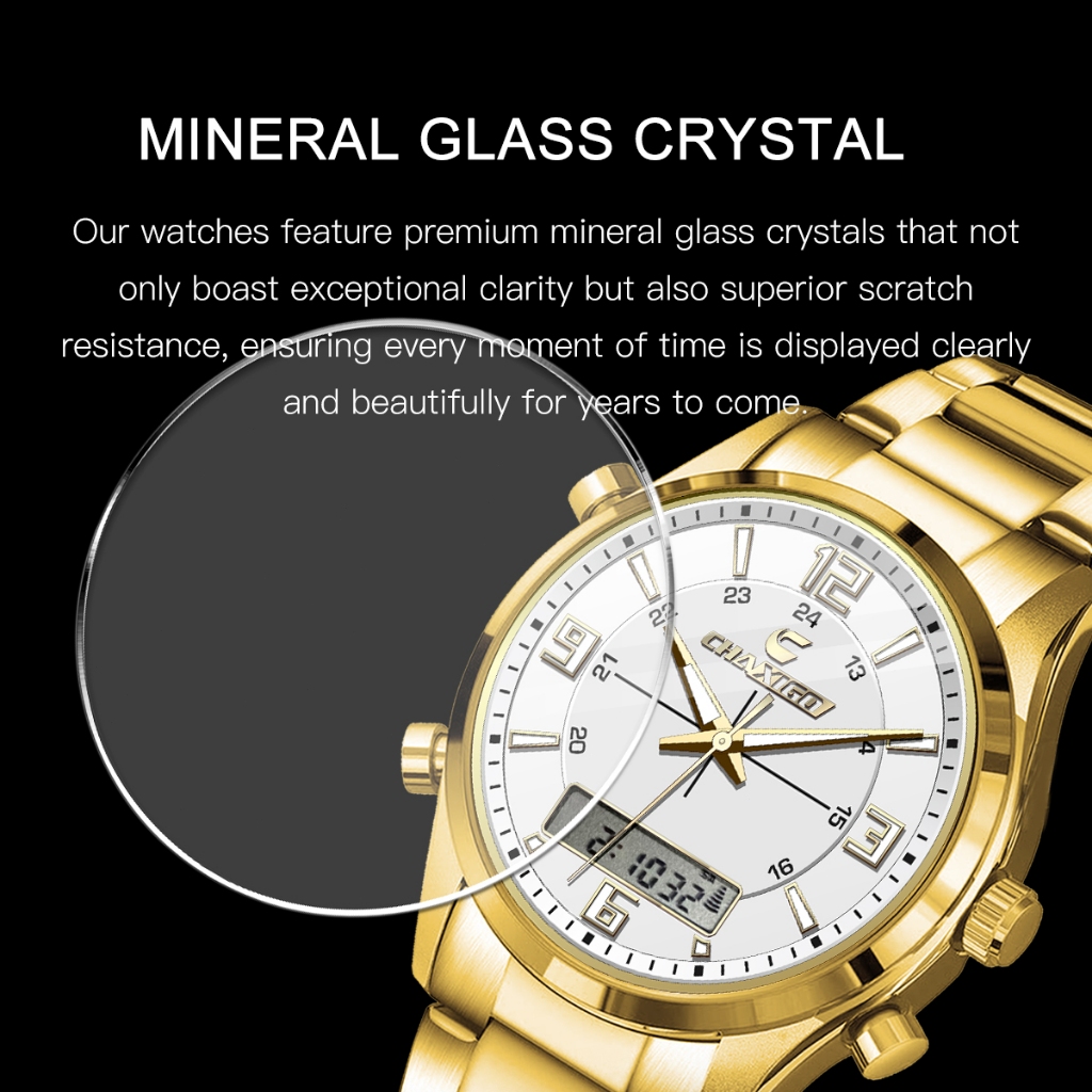 Chaxigo แฟชั่น Casual นาฬิกาผู้ชายดิจิตอล Dual Time สัปดาห์ทองกลับกีฬา 3bar กันน้ํานาฬิกาข้อมือควอตซ์นาฬิกา Relogio Masculin ของขวัญ 7366-1
