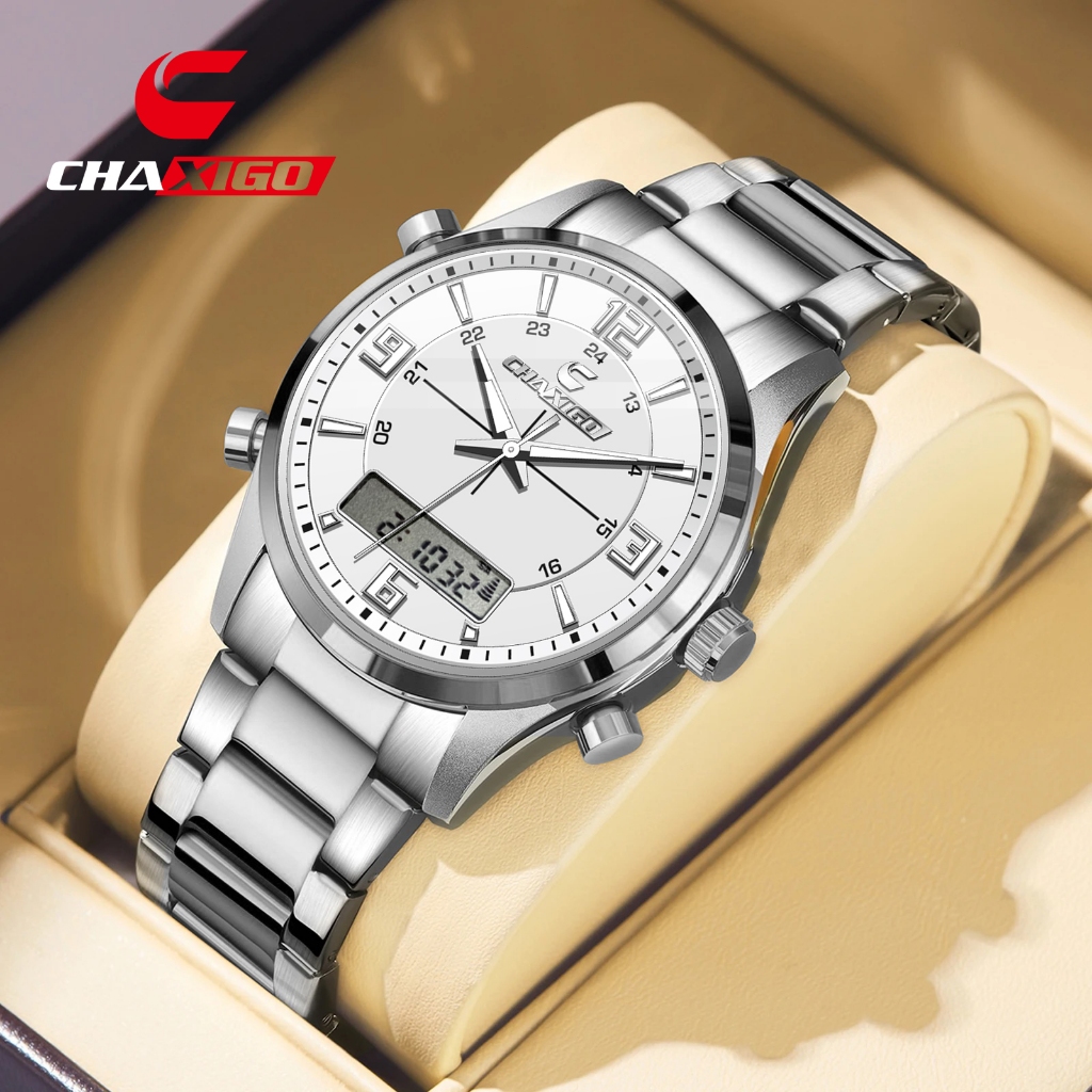 Chaxigo แฟชั่น Casual นาฬิกาผู้ชายดิจิตอล Dual Time สัปดาห์ทองกลับกีฬา 3bar กันน้ํานาฬิกาข้อมือควอตซ์นาฬิกา Relogio Masculin ของขวัญ 7366-1