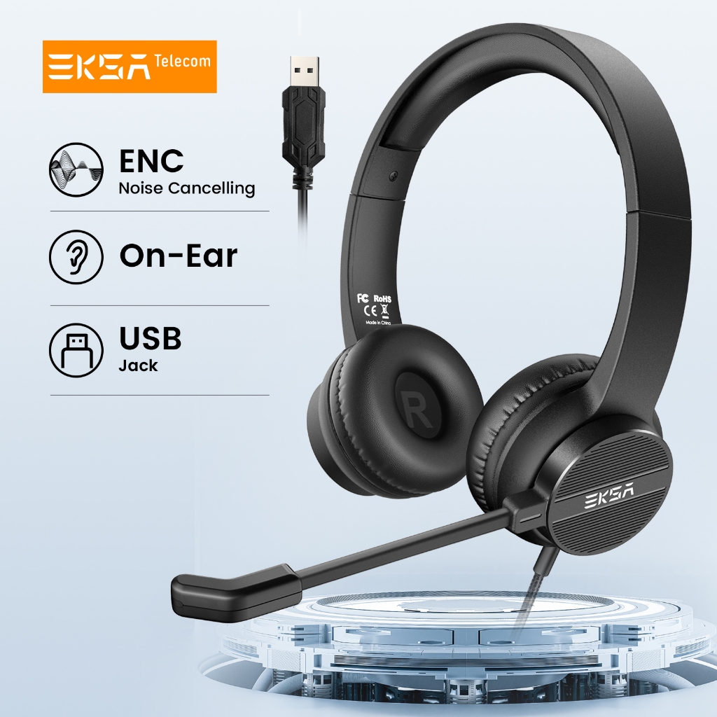 Eksa H12E หูฟังคอมพิวเตอร์แบบมีสาย USB On-Ear PC Office ชุดหูฟังพร้อมไมโครโฟนตัดเสียงรบกวน ENC