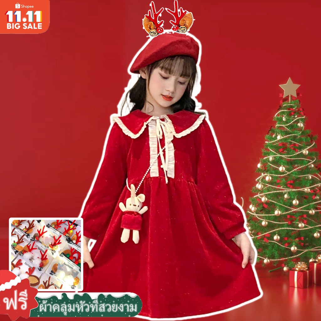 1-8 ปีสาวแขนยาวชุดคริสต์มาส 2024 เทศกาลฤดูใบไม้ผลิชุดสีแดงเด็กสาวชุดเจ้าหญิงชุด