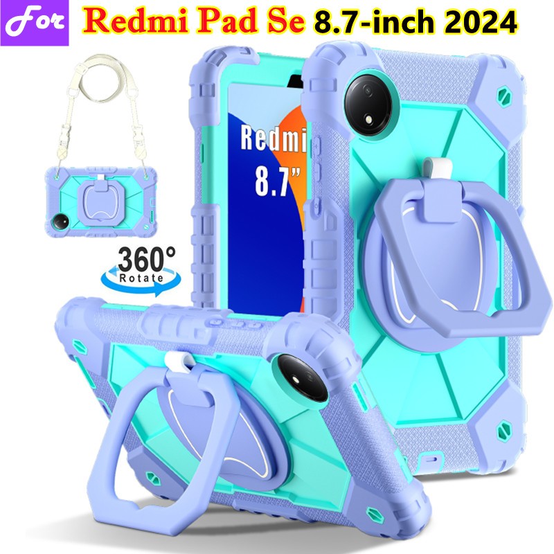 สําหรับ Xiaomi Redmi Pad Se Se 8.7 นิ้ว 2024 เกราะ Hybrid ขาตั้งปลอกทนทานปกแข็งหมุน WIth สําหรับ Redmi Pad Se 4G 8.7 "360° ฝาครอบขาตั้งสายคล้องมือแบบหมุน
