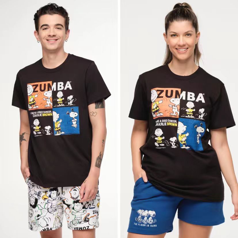 Zumba zumba ZW zumba 2024 ฤดูใบไม้ร่วงสีฟ้าสีดําครึ่งแขนรุ่นหลวม Slimmer ดูรอบคอเสื้อยืด Snoopy ครึ่งแขนผ้าฝ้าย