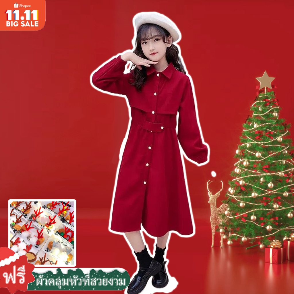 6-14 ปีสาวแต่งตัวชุดฤดูหนาวคริสต์มาสชุดสีแดง2024ปีใหม่ชุดย้อนยุคสาวน้อยชุดเจ้าหญิงเด็กกลางความยาวชุด