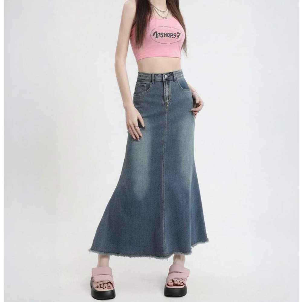 S-5XL วินเทจสีฟ้า หางปลา กระโปรงผู้หญิงเอวสูง ก-เส้น ขนกระโปรงสะโพกกระโปรงยีนส์ยาวปานกลาง